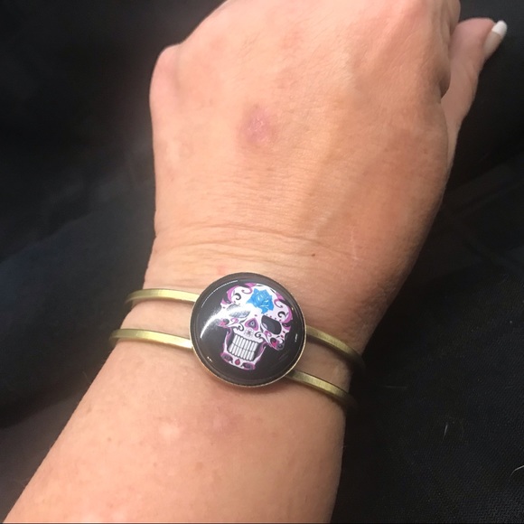 Sugar Skull Hinged Cuff/Bangle Bracelet - Picture 4 of 5